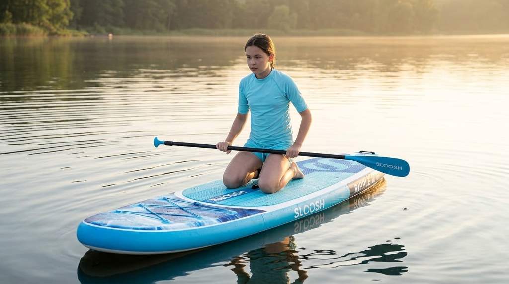 Beginner balancing on a Sloosh inflatable paddle board