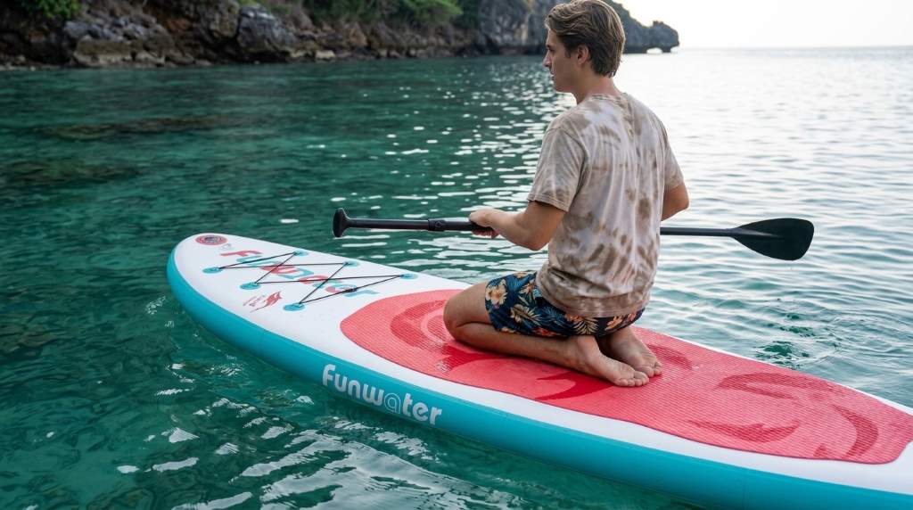 Beginner steering a Funwater inflatable paddle board on calm water