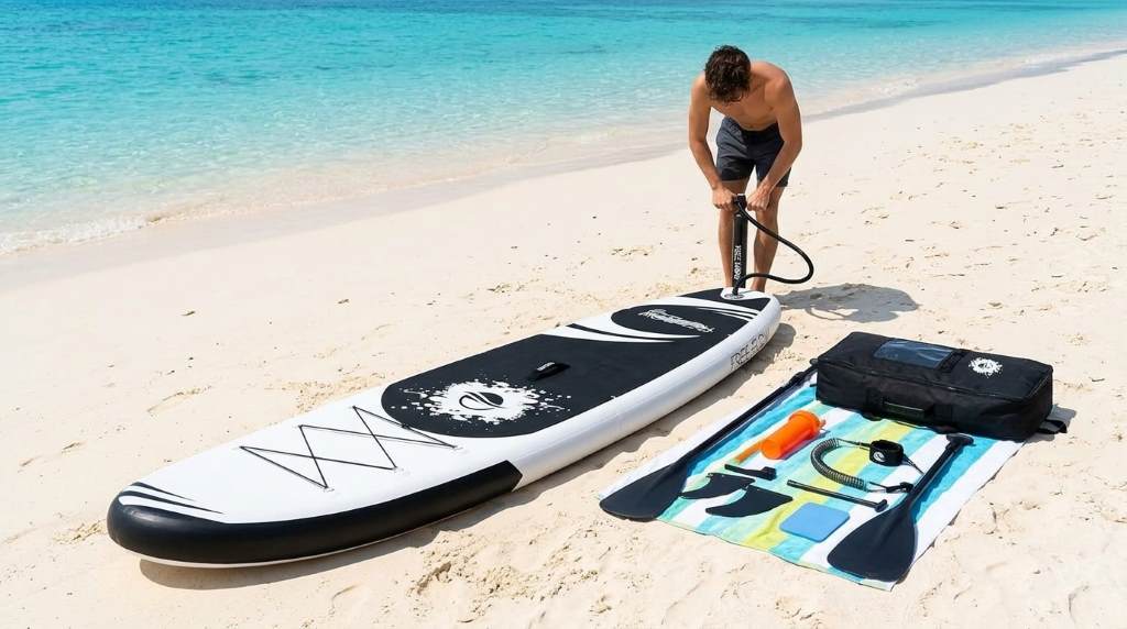 Beginner using SereneLife Stand Up Paddle Board on calm lake
