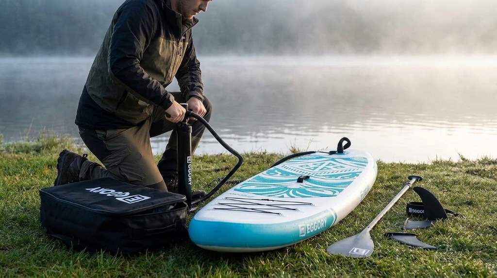 Eggory Inflatable Paddle Board fully inflated on calm lake