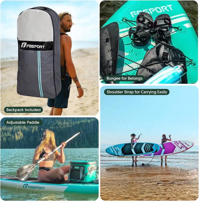 FBSPORT inflatable paddle board with paddle, pump, leash, and carrying bag