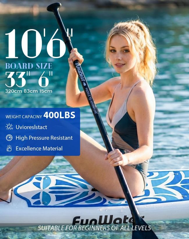 FunWater inflatable paddle board with adjustable paddle, pump, leash, and carrying backpack