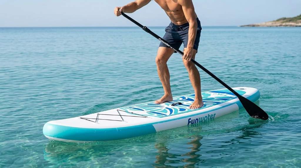 Funwater inflatable paddle board floating on a calm lake