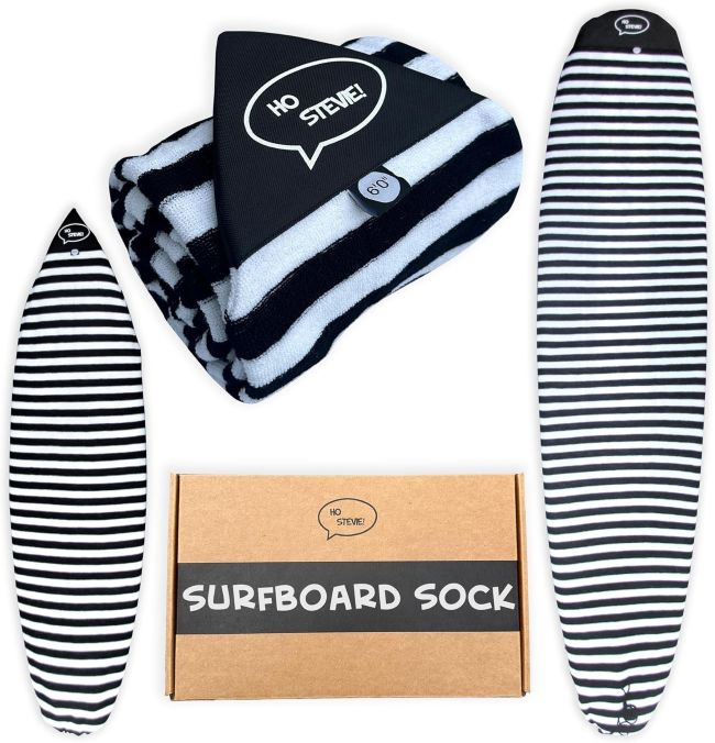 Ho Stevie! Surfboard Sock Cover protecting a surfboard in Hawaii