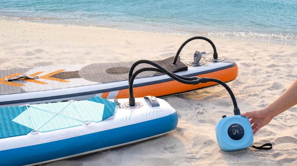 Hydrohero electric paddle board pump inflating an inflatable SUP
