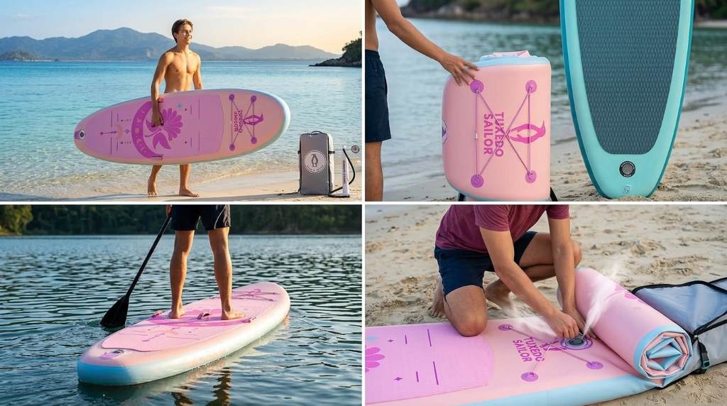 Inflating Tuxedo Sailor Inflatable Paddle Board before launch