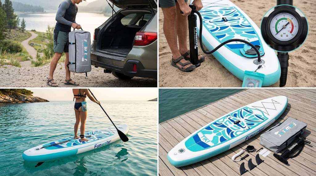 Inflating a Funwater paddle board before a water adventure