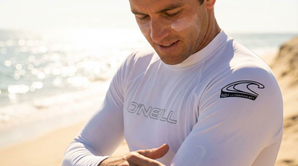 Man paddleboarding while wearing an O'Neill Mens Basic Skins Rashguard