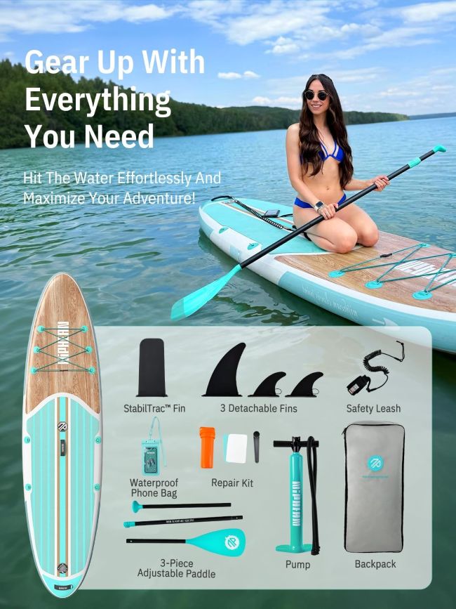 Niphean inflatable SUP with adjustable paddle, leash, pump, and travel backpack