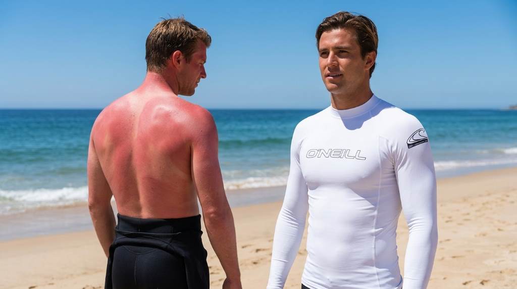 O'Neill Mens Basic Skins Rashguard on a surfer at the beach