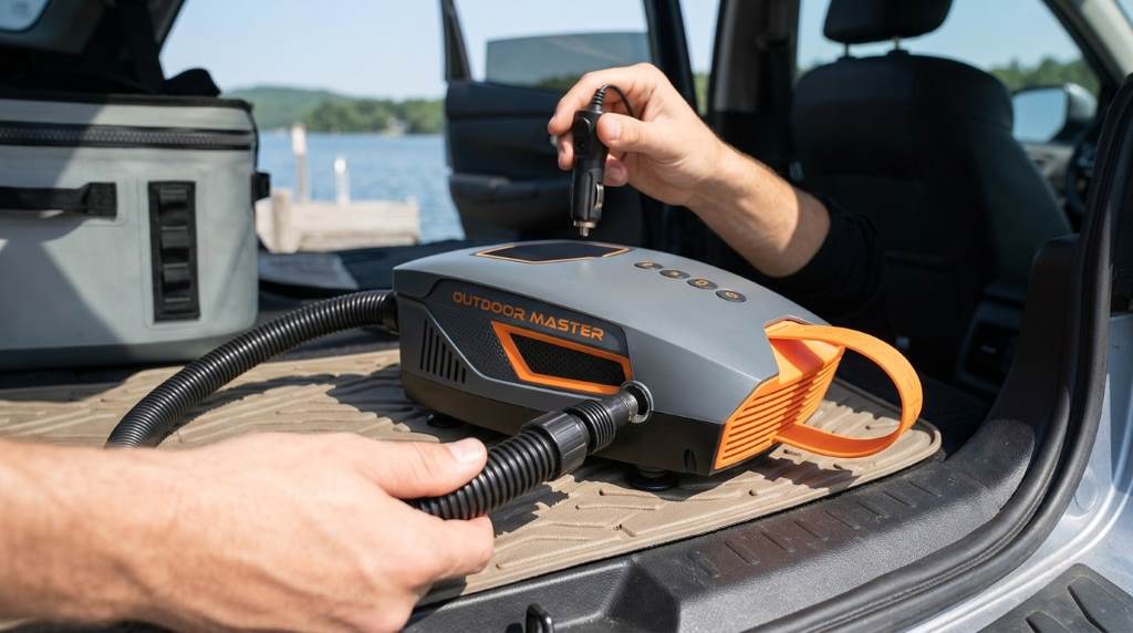 OutdoorMaster Shark 3 Mini SUP Pump inflating an inflatable paddle board