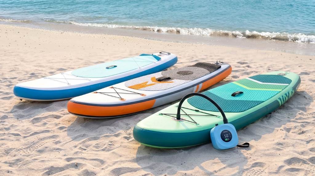 Portable electric paddle board pump beside inflatable SUP equipment
