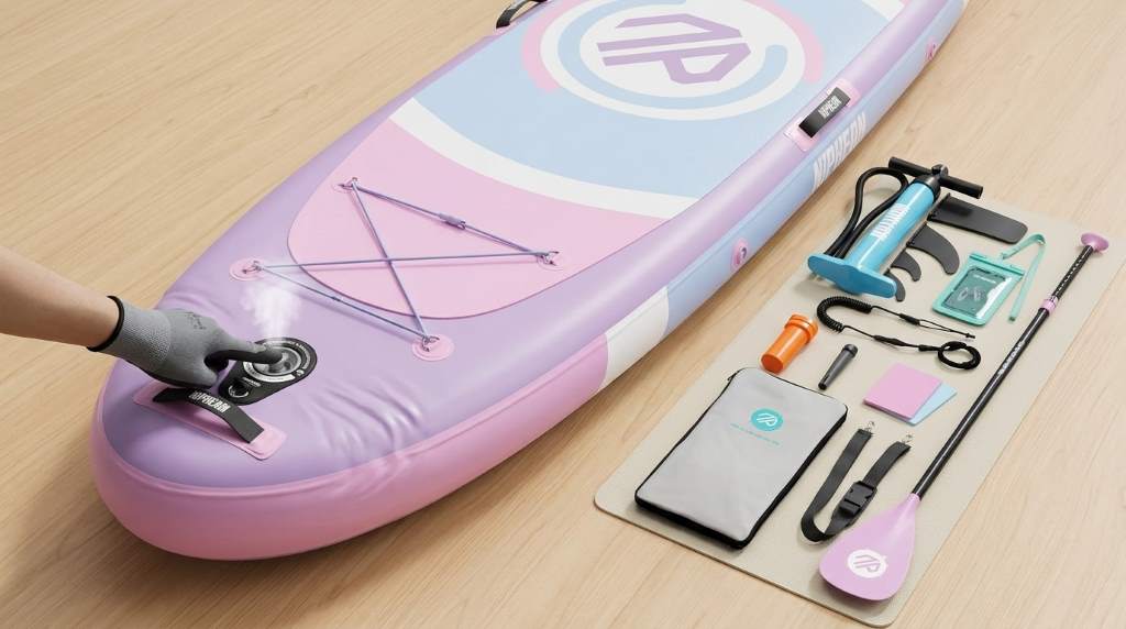 Properly stored inflatable paddle board with pump and paddle