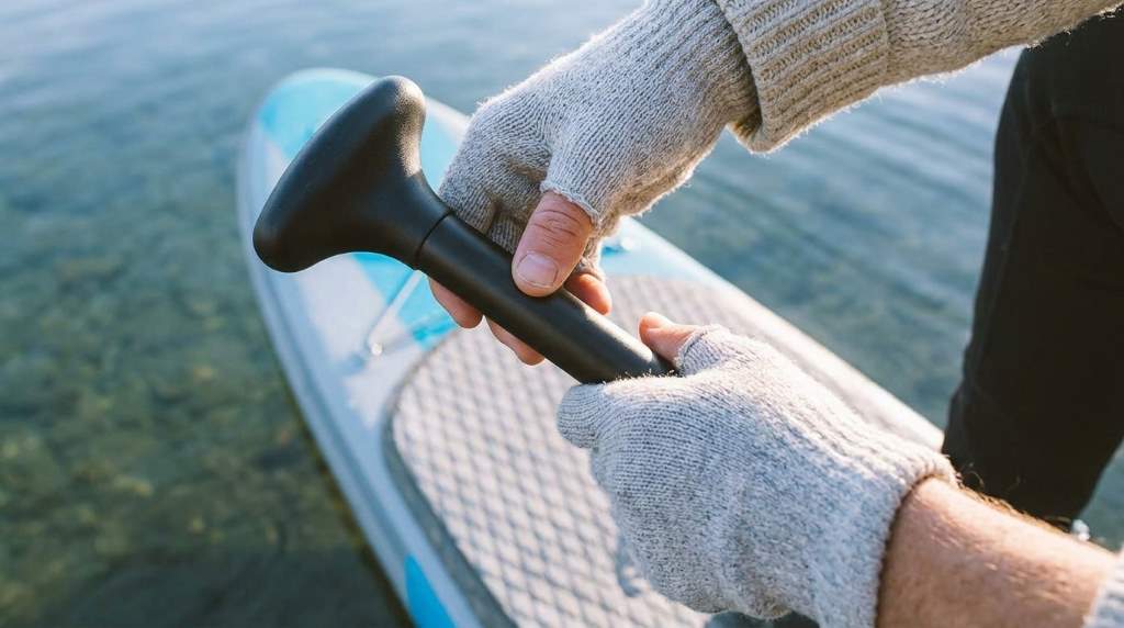 Abahub lightweight aluminum SUP paddle resting against paddle board on sandy beach