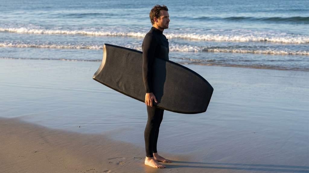 Bodyboarder riding a curling blue ocean wave on a crescent tail bodyboard