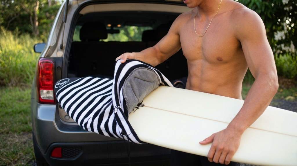 Clean surfboard sock cover folded neatly beside surf wax and leash accessories