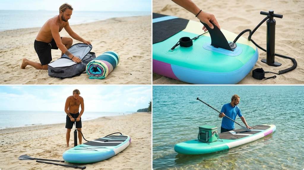 FBSPORT premium inflatable SUP board unrolled flat on sunny sandy beach