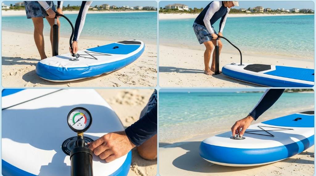 Funwater inflatable stand up paddle board inflated on sunny lake beach