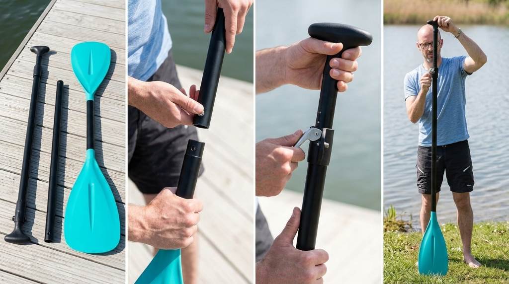 Glass fiber composite paddle blade slicing through calm blue lake water