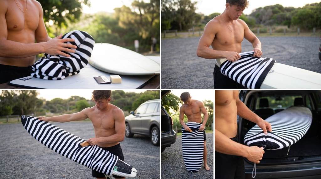 HO Stevie surfboard sock cover protecting surfboard resting on sandy beach