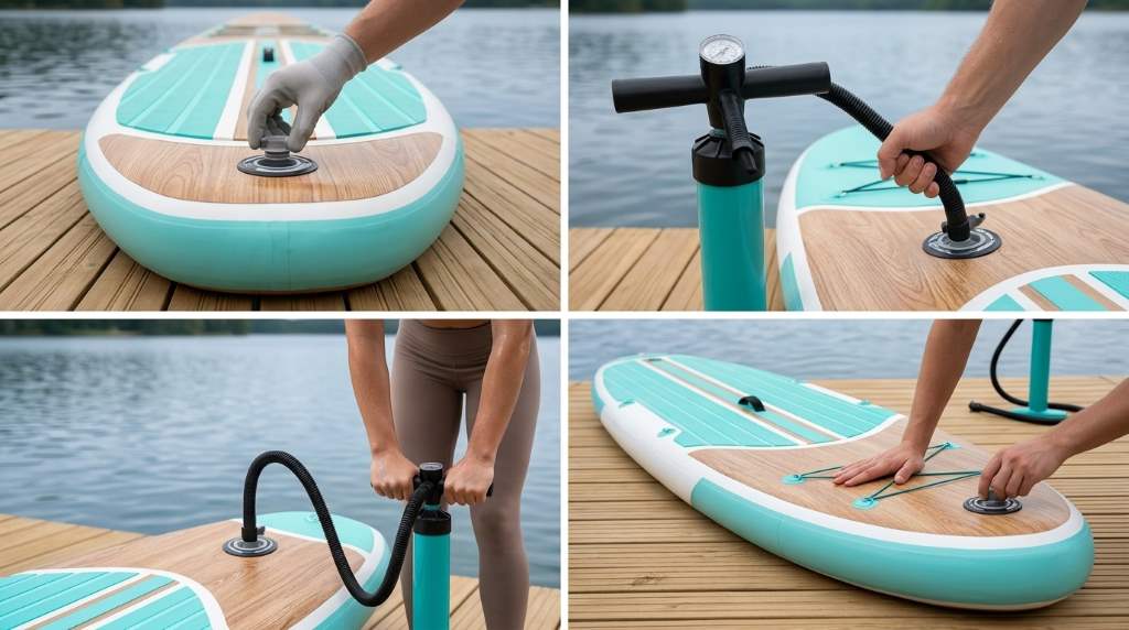 Inflated stand up paddleboard resting on lake shoreline ready for launch