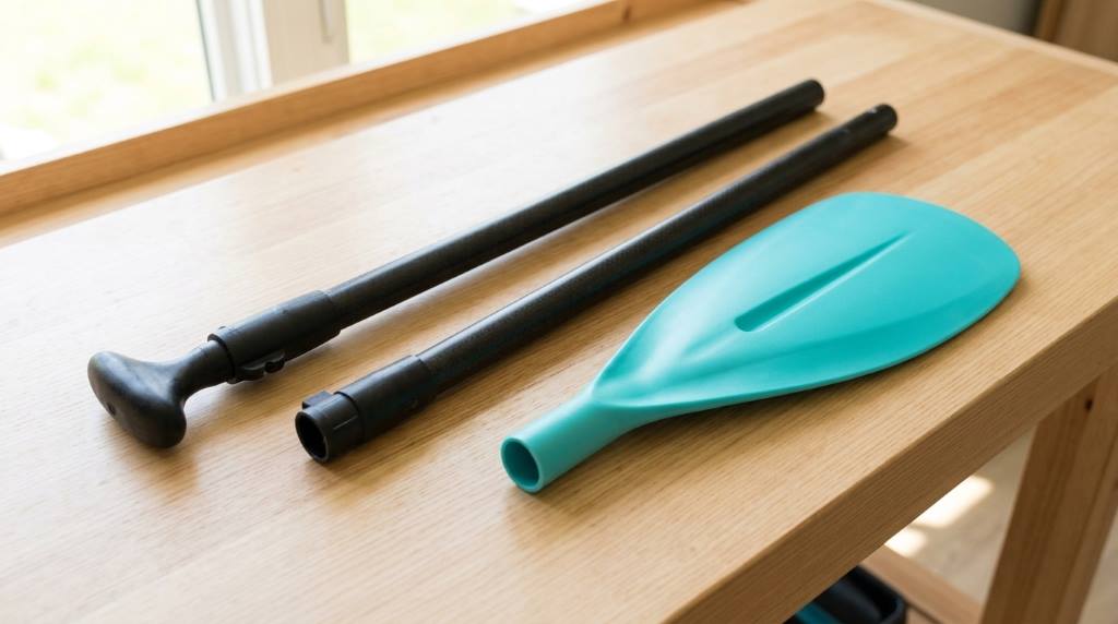 Paddler adjusting composite SUP paddle shaft length near lake dock
