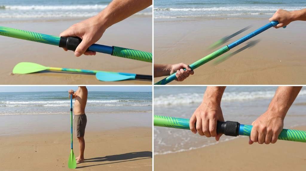 Paddler gliding across calm mountain lake with adjustable SUP paddle