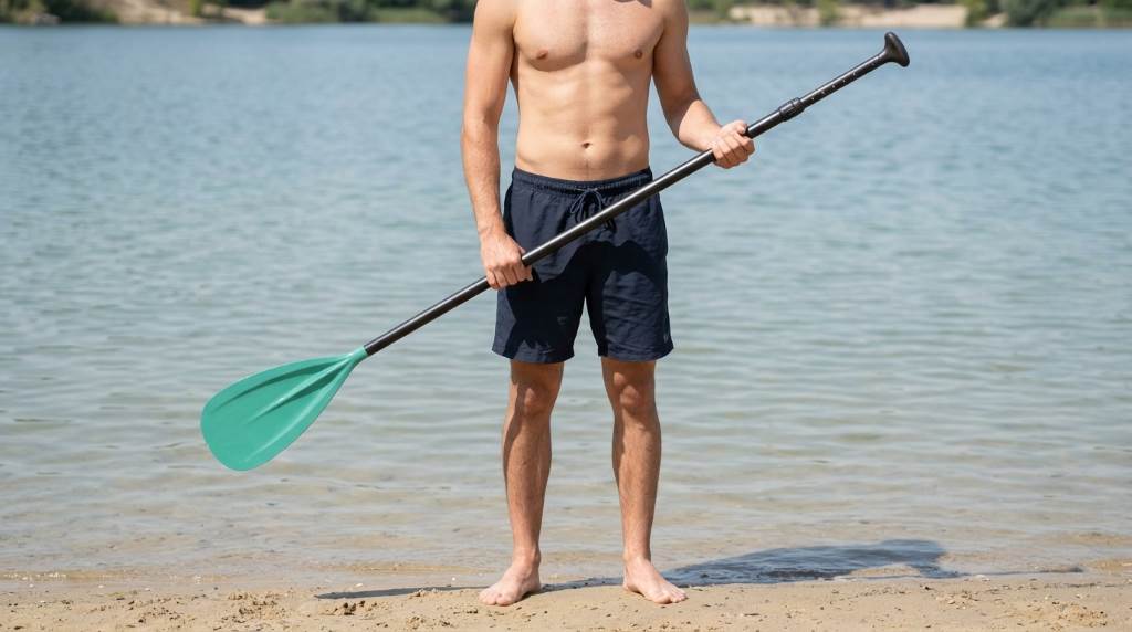 Paddler paddling across glassy bay water with precision adjustable paddle