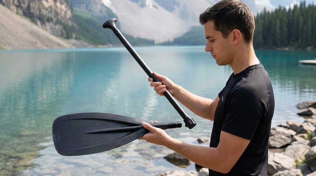 Paddler standing on sandy shoreline measuring SUP paddle height overhead