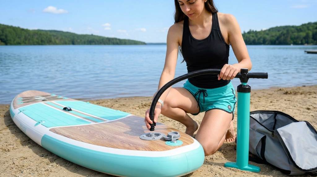 Paddler using manual high-pressure pump on inflatable SUP board beside lake
