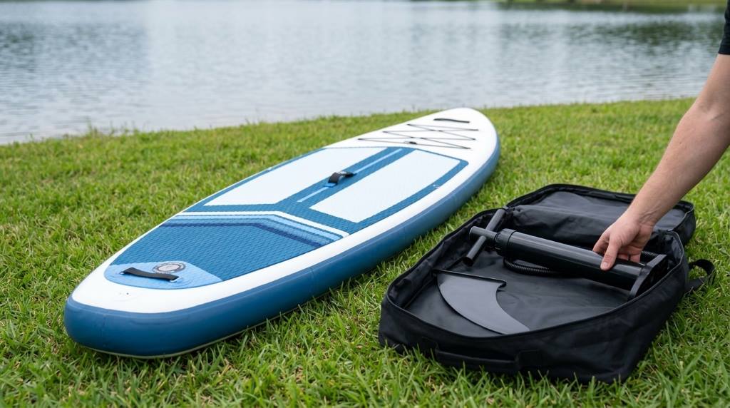 ROC inflatable paddle board unrolled on grassy shoreline ready for inflation