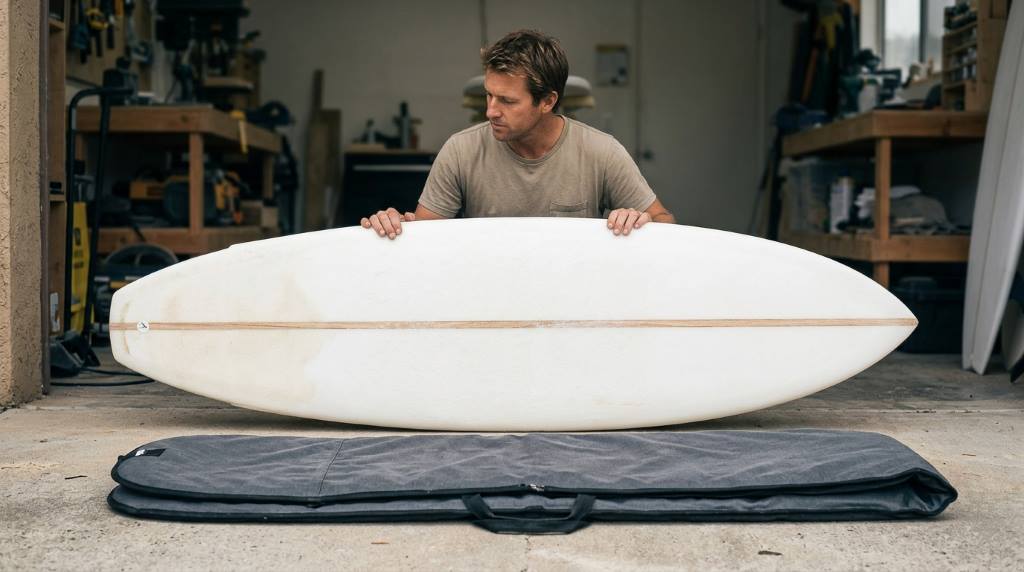 Reflective surfboard travel bag secured to vehicle roof rack on coastal drive