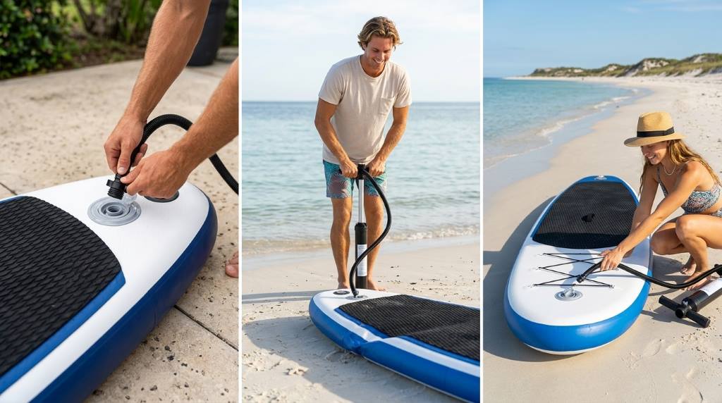 Rolled inflatable paddleboard packed neatly inside travel storage backpack