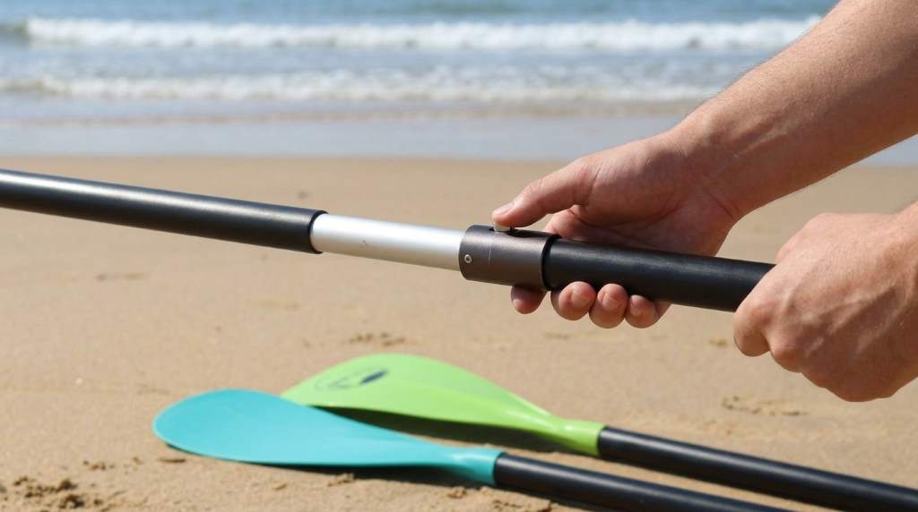 Yvleen adjustable SUP paddle resting against paddleboard on sandy beach